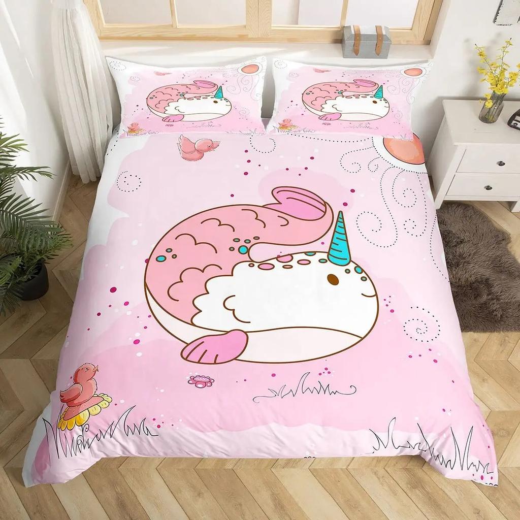Blauer Bettbezug mit Meereswalen, King-Size-Bett, Cartoon-Meerestiere, Kinderbettwäsche-Set, Küstenstrand, Bettbezug, Meereswellen, Bettbezug