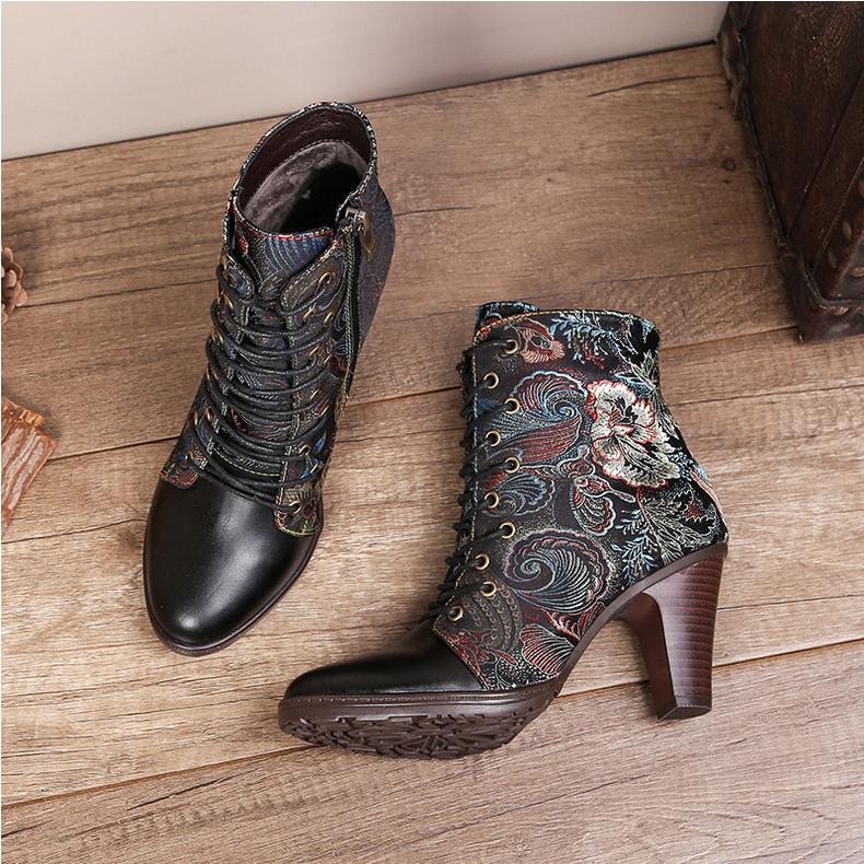 Johnature Bokacsizma Női cipő Valódi bőr etnikai stílusú hegyes orrú, kézzel készített divatos magassarkú modern csizma