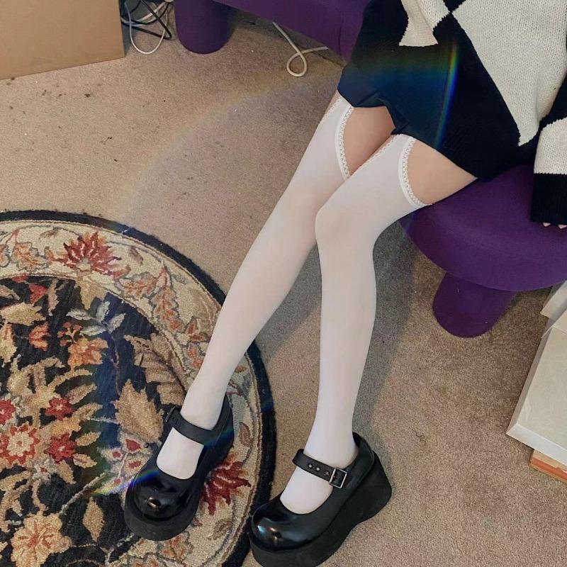 Women White Sexy Stockings With Belt Suspender Wide-Banded Tights Lolita Thigh High Stockings With Garters Over The Knee Socks One Size