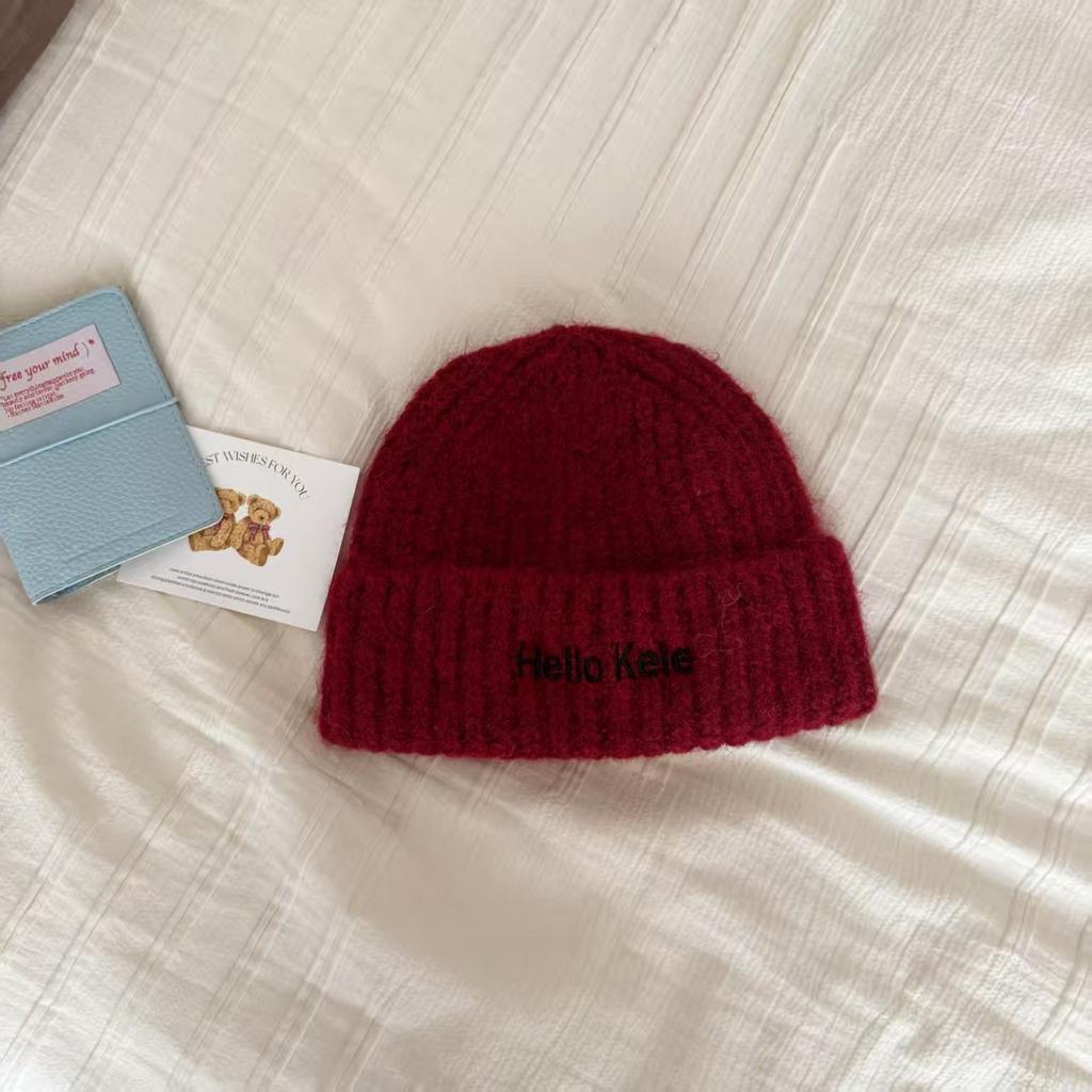 Letter embroidered wool hat women's autumn and winter versatile velvet thickened warm and cold hat outdoor riding knitted cold hat