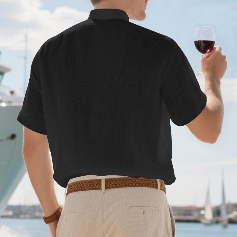 Summer Men's Casual Loose Stand Collar Linen Shirt - Trendy Short Sleeve Plus Size Solid Color