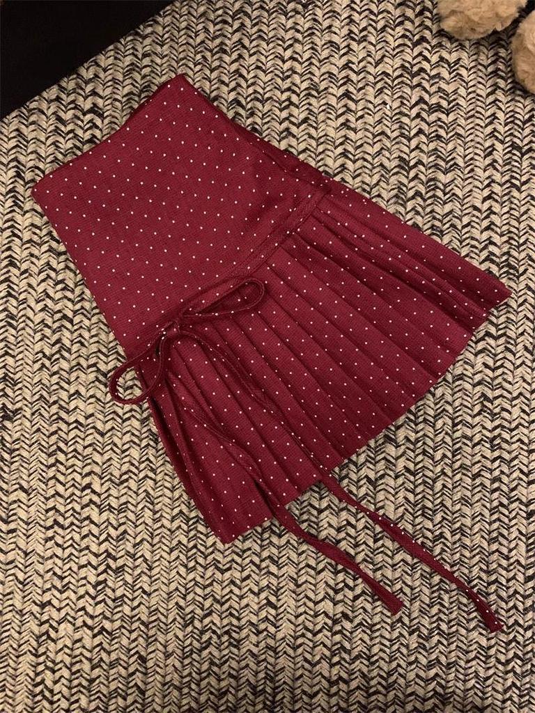 Polka Dot Bow Tie Pleated Mini Skirt with Lace-Up - A-Line, Anti-Exposure, Girlish Summer Design