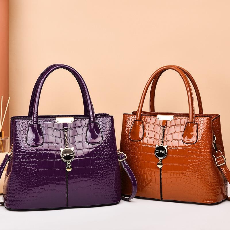 Women's Large Capacity Bright Leather Handbag - 2025 Autumn/Winter Stone Pattern Shoulder Bag