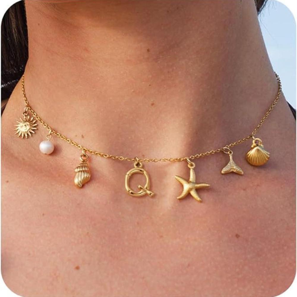 Gold Color Shell Necklace Copper Pearl Choker Simple Letter Pendant Necklace  Women