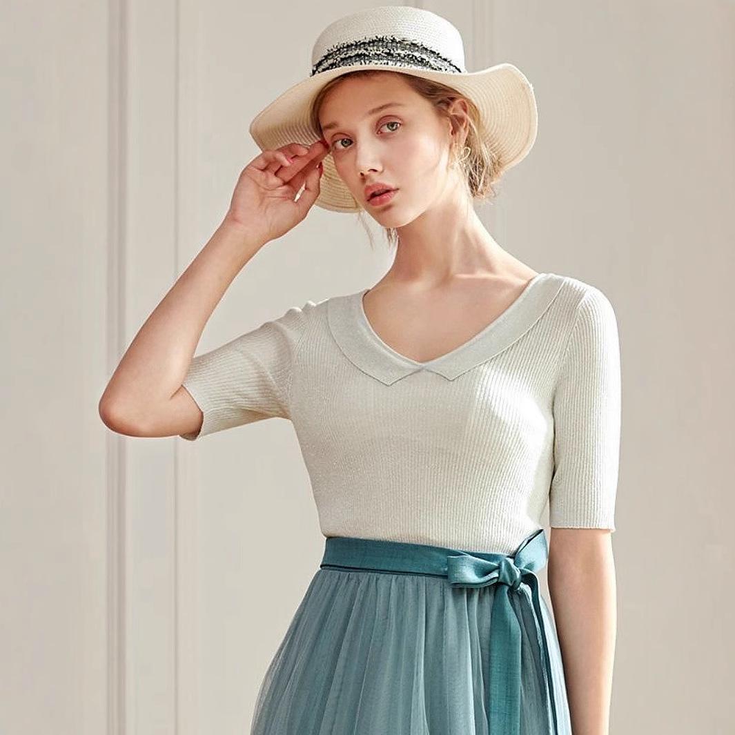 

Женский летний облегающий вязаный топ-поло - Повседневный, нежный стиль, модная распродажа с коротким рукавом S серебряный серый