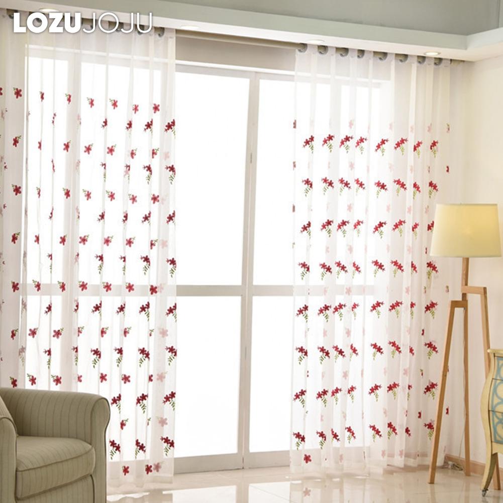 1PC LOZUJOJU Exquisite and Versatile Pastoral Style Red Floral Embroidered Sheer Curtain Tulle for Living Room Bedroom Window Decoration Home Decor