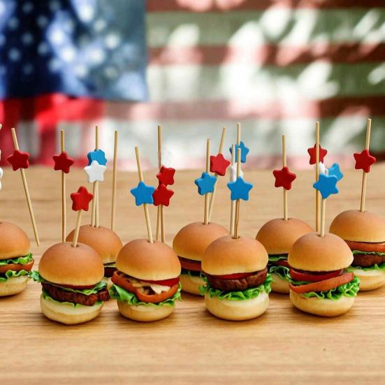 100 PIEZAS Palillos Desechables para Cócteles, Decoración de Estrella del Día de la Independencia, Brochetas de Bambú para Aperitivos Frutas Hamburguesas Pasteles