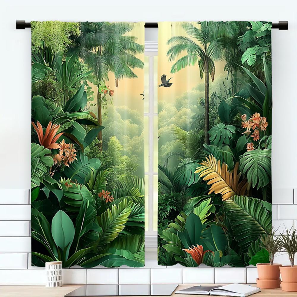 2pc,  Spring Window Curtain jungle plants Versatile Polyester,Without Electricity Birthday Party Use for Indoor Celebrations,