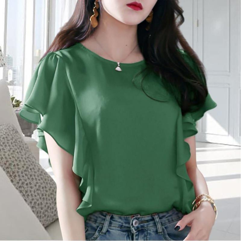 Summer Thin Temperament Ruffled Chiffon Shirt Short Sleeved T-shirt Women's Solid Patchwork Round Neck Korean Fashion Loose Top