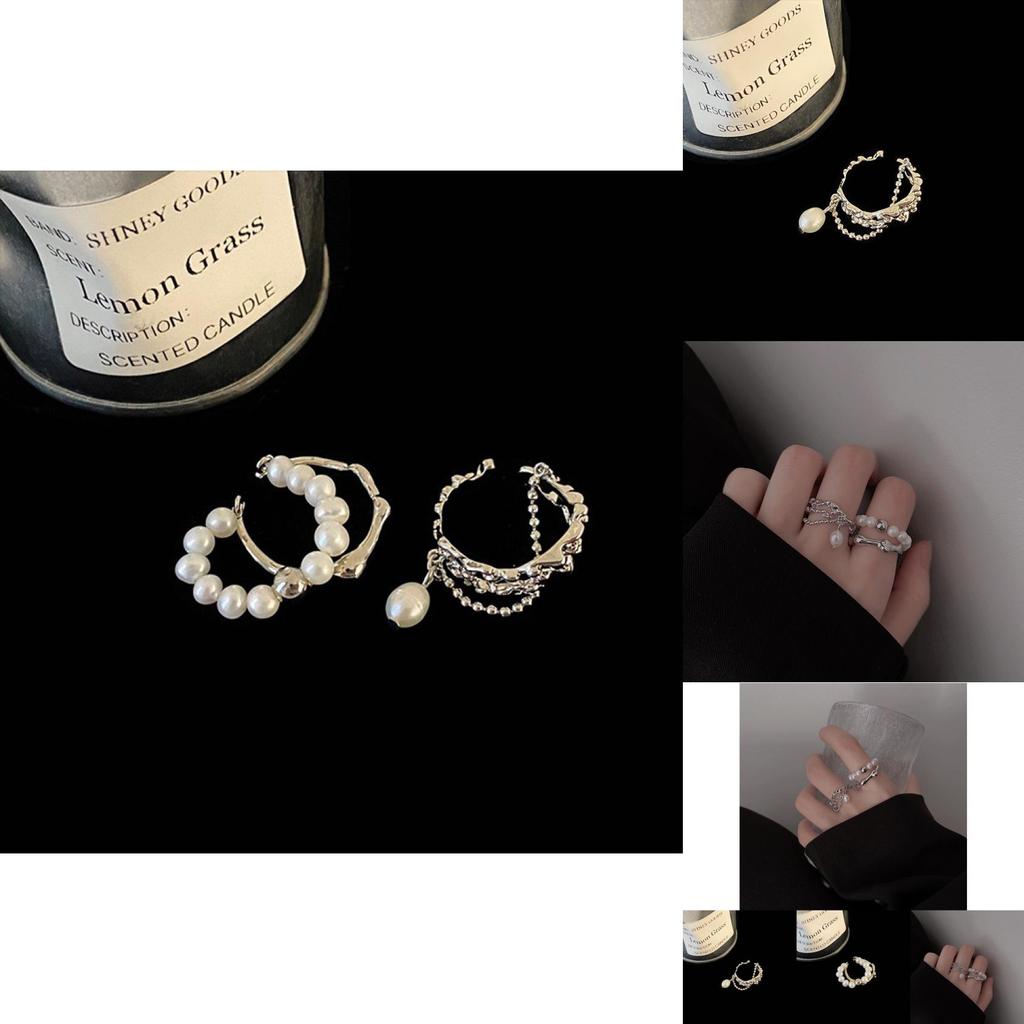 Stylish Geometric Design Pearl Chain Tassel Ring For Women Adjustable Size
