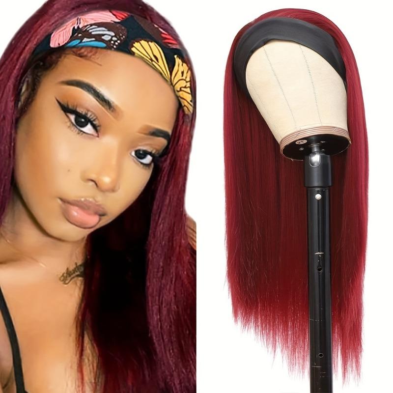 Meier Women's headscarf wig black ice silk headband long straight hair wig headwear
