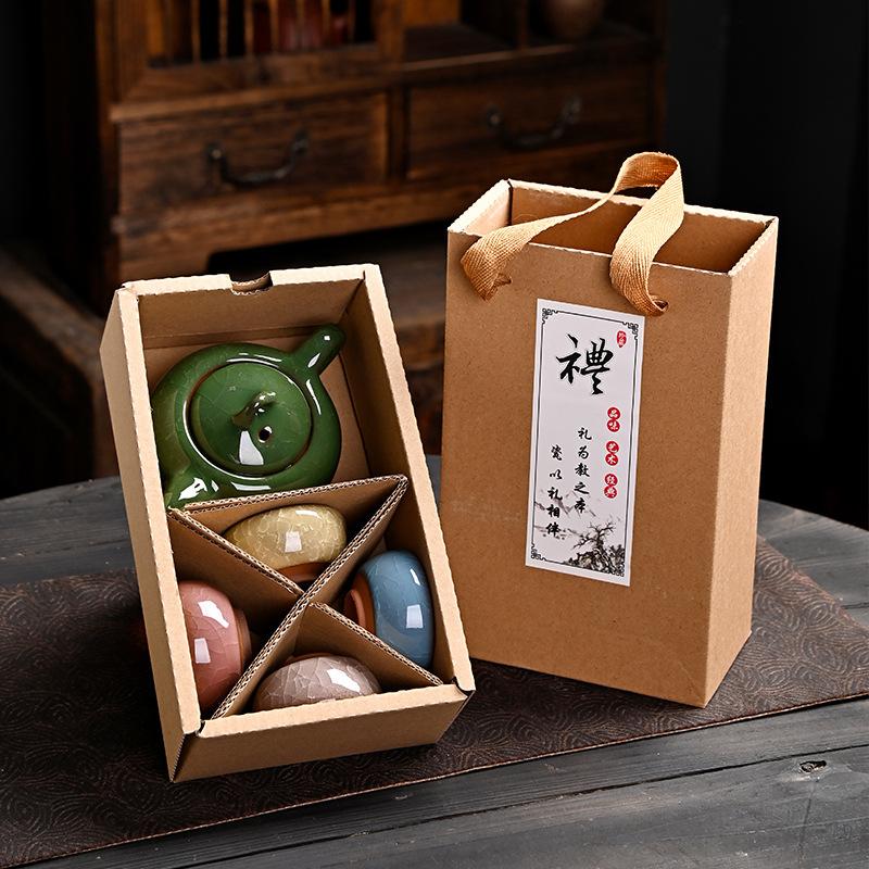 Ice crack a pot of four cups tea set, a complete set of ceramic kung fu teapot, tea cup gift box, business gift.