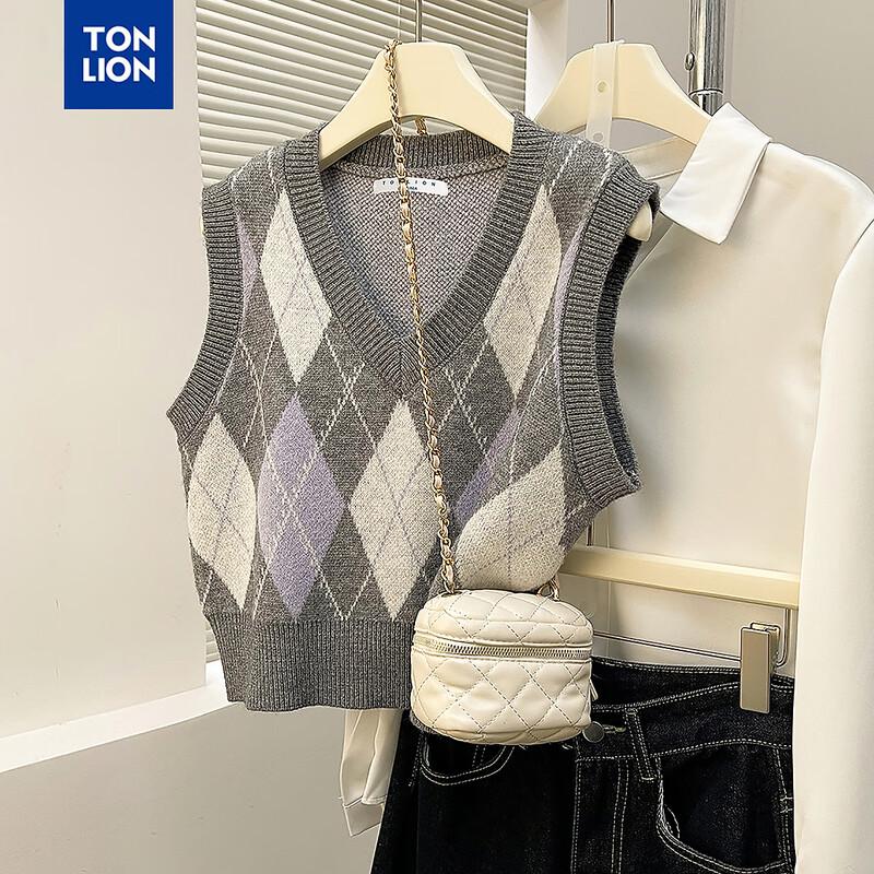 TonLion Women's Retro Argyle V-Neck Pullover Vest