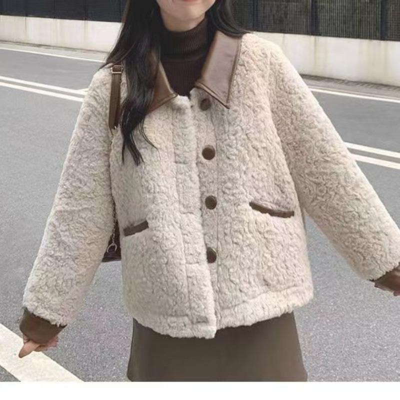 

Новое пальто из овечьей шерсти с лацканами, утолщенное, зимнее, короткий топ, хлопковая подкладка, для девочки S S size recommended 85-50.5 kg