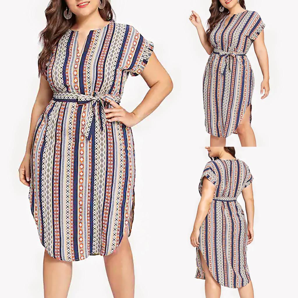 

Модное женское платье больших размеров, повседневное красочное полосатое платье с коротким рукавом и принтом