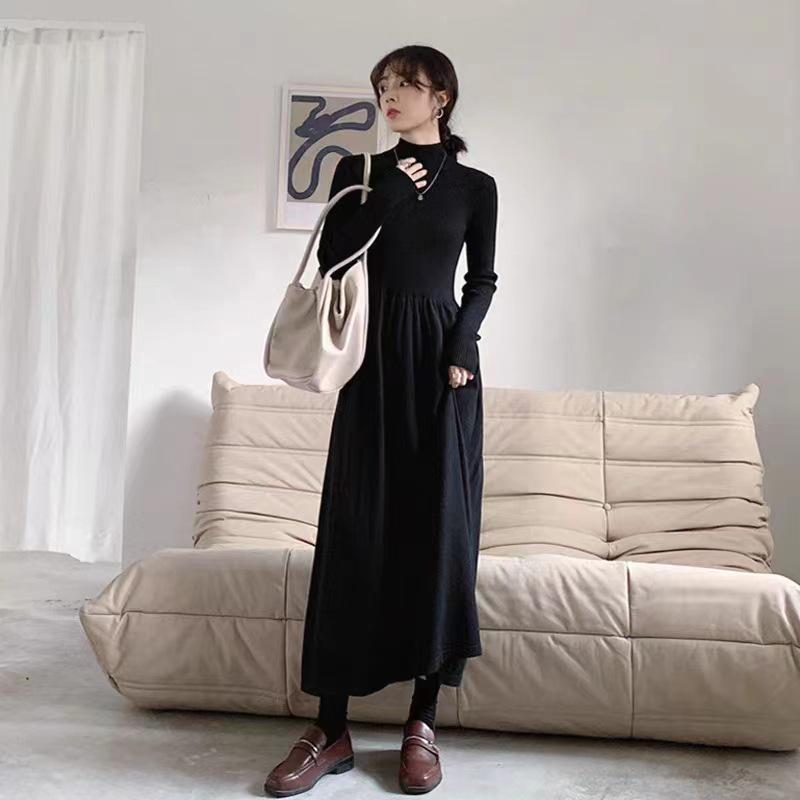 Women's Long French Knitted Dress - Autumn/Winter, Elegant Royal Style, Perfect Layer with Coat