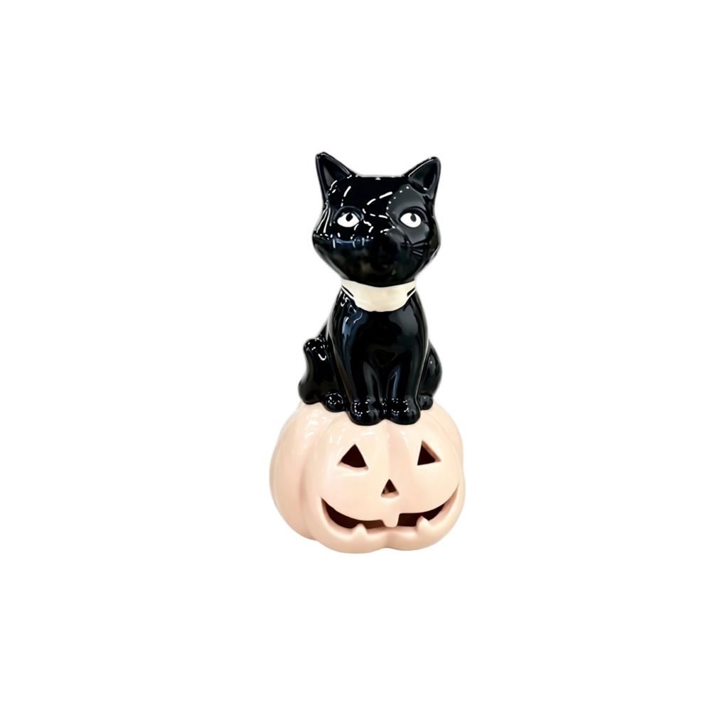 Ceramic Cat Pumpkin Figurine Halloween Tabletop Ornament Decorative Sculpture for Holiday Indoor Home Display