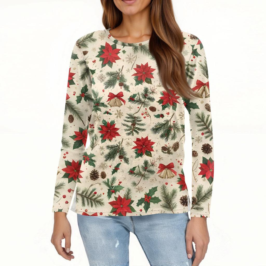 Women's Fashion Casual Slit Hem Round Neck Long Sleeve Loose Christmas Printed T-Shirt Ladies Top