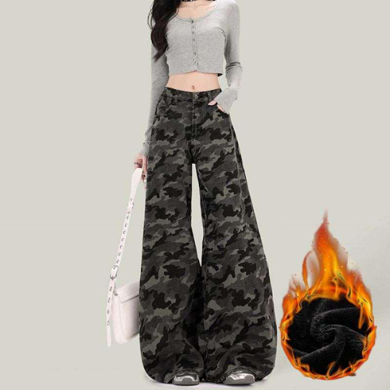 

Women s Trendy Neutral Camo Wide-Leg Jeans with Plus Velvet, Thick Draped Design, Floor-Length Style XL