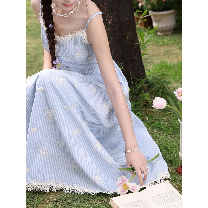 Lu Xiangnan Women s French Style Blue Lace Striped Long Dress S