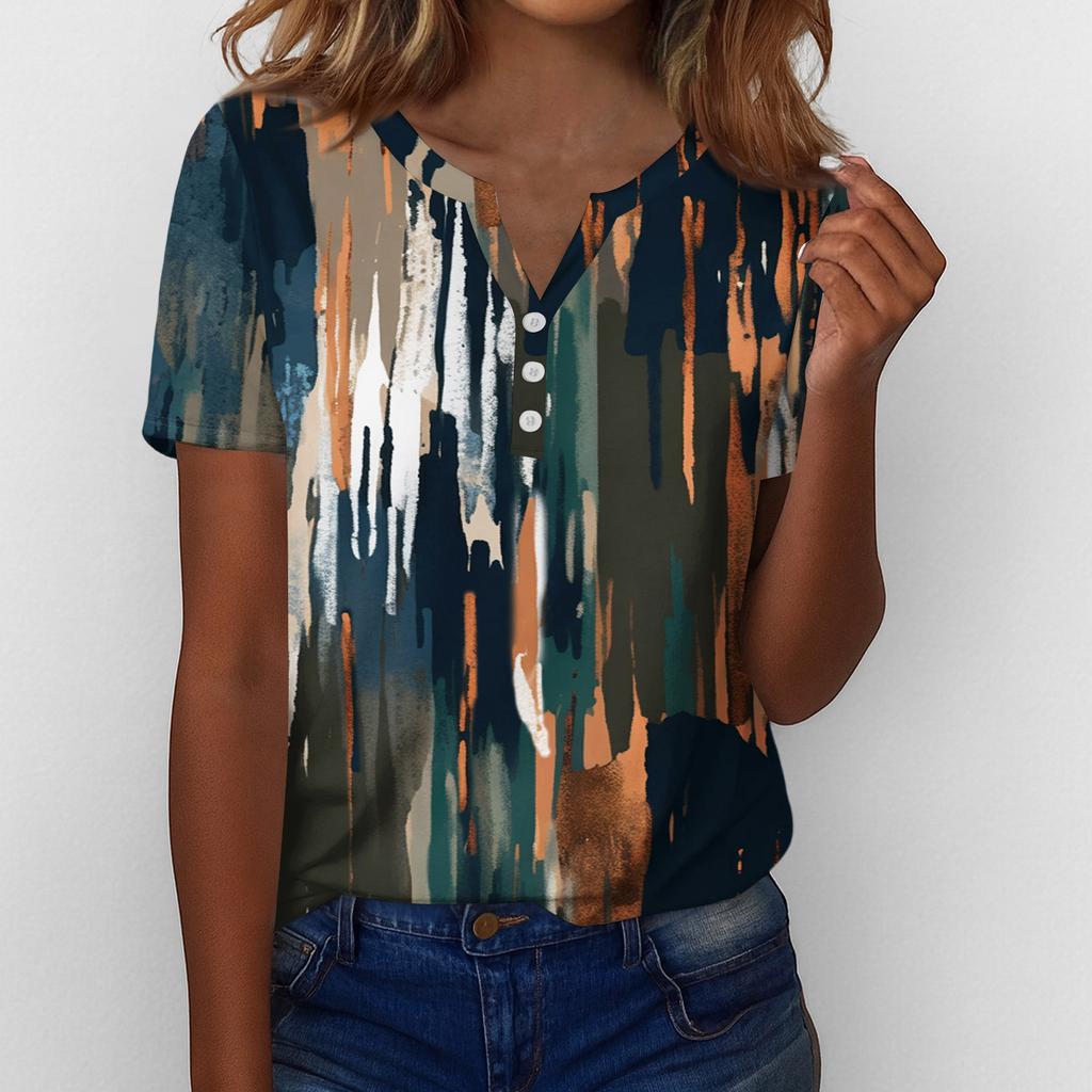 Women’s Short Sleeve V Neck Blouse with Button Floral Print Casual Loose Fit Lightweight Top Shirt