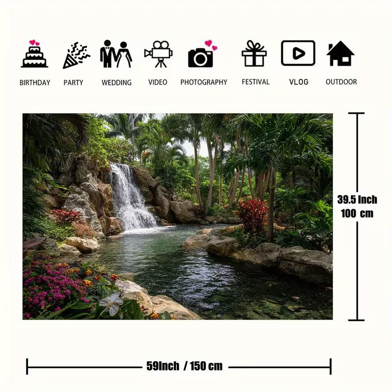 2D Tropical Nature Backdrop, Waterfall Palm Tree Pool Background for Home Decoration