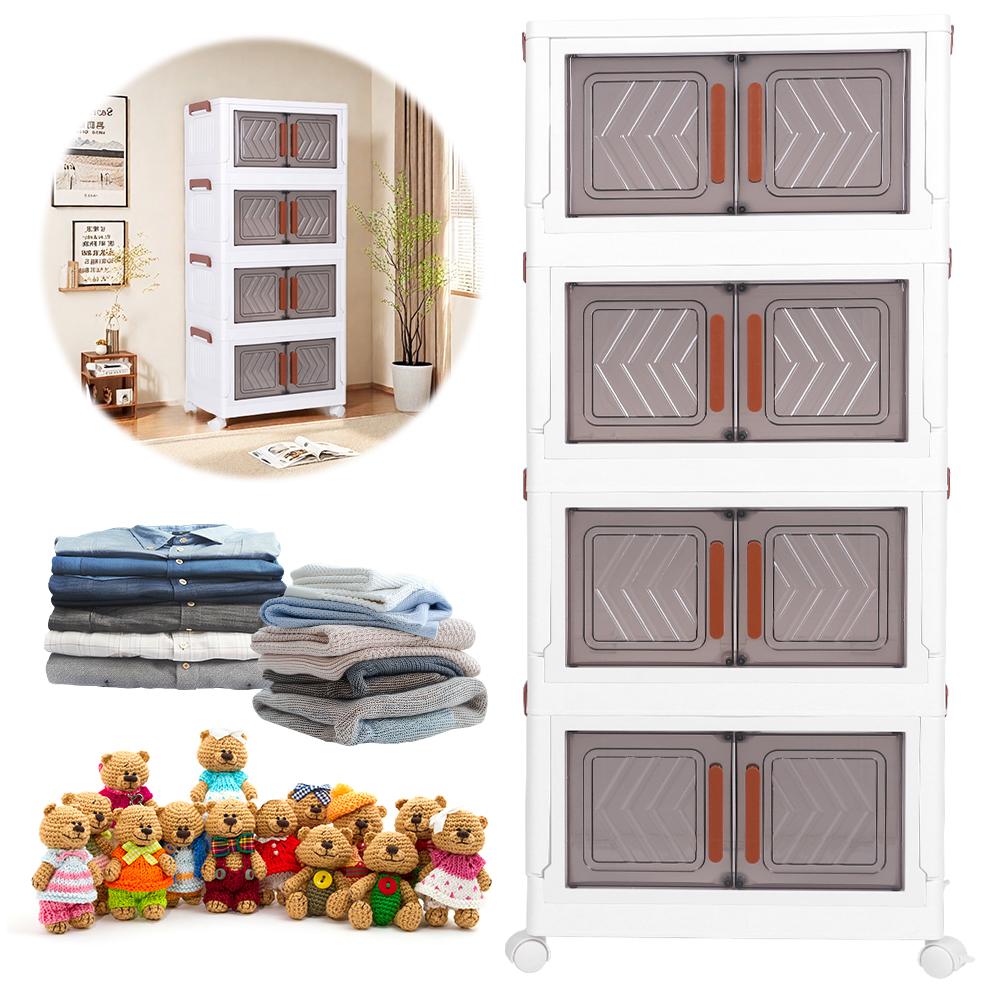4 Tier Stackable Closet Organizers Foldable Organization with Doors & Wheels Folding Storage Cabinet Shelf for Home Office Dorm