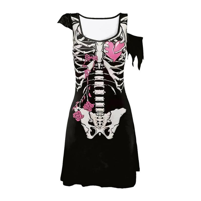 Halloween Dress Skeleton Digital Print Costume Irregular Women's Dress Horror Skirt