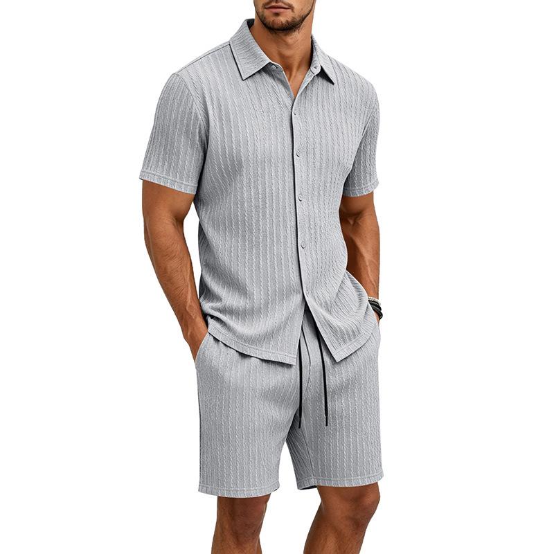 European Summer Men's Jacquard Casual Lapel Short Sleeve Shirt and Shorts Set