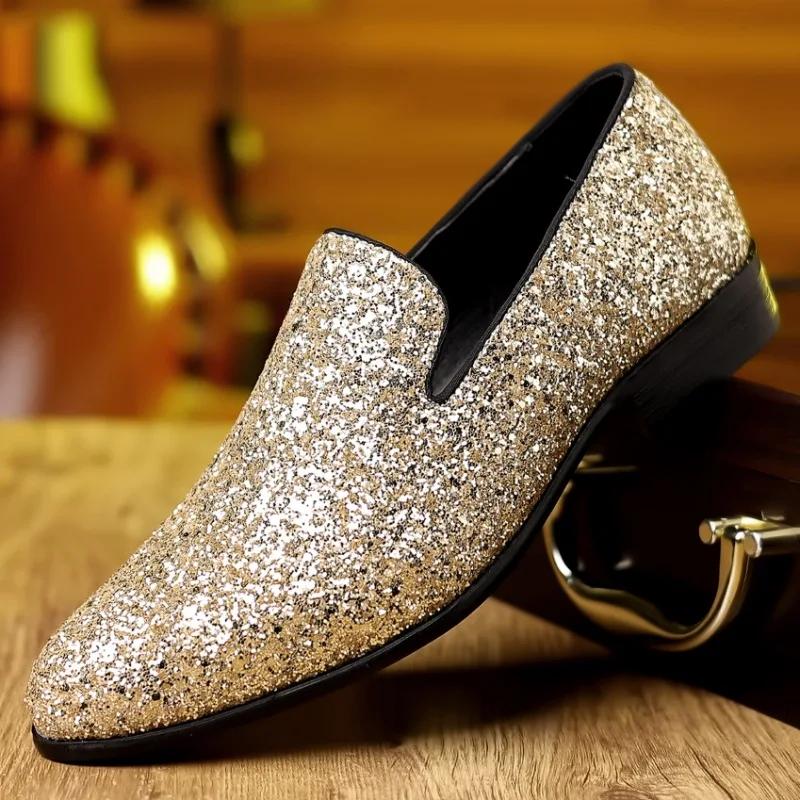 Luxus Slipper Herrenschuhe Gold Silber Pailletten Hochzeitsschuhe Modedesigner Slipper Flats Hohe Qualität Herren Formelle Partyschuhe Neu