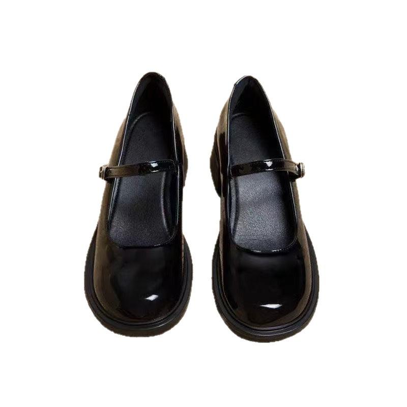 Versatile Round Head Thick Heel British Style Black Retro Small Leather Shoes for Women's New Shallow Mouth French Mary Jane Small Leather Shoes Fo