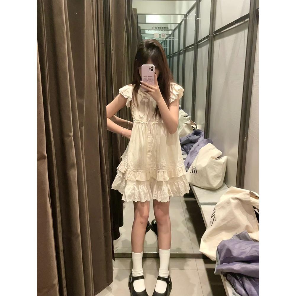 Vintage Milk Sweet Small Fly Sleeve Dress Women's Summer Fungus Lace Princess Doll Short Dress Small Man