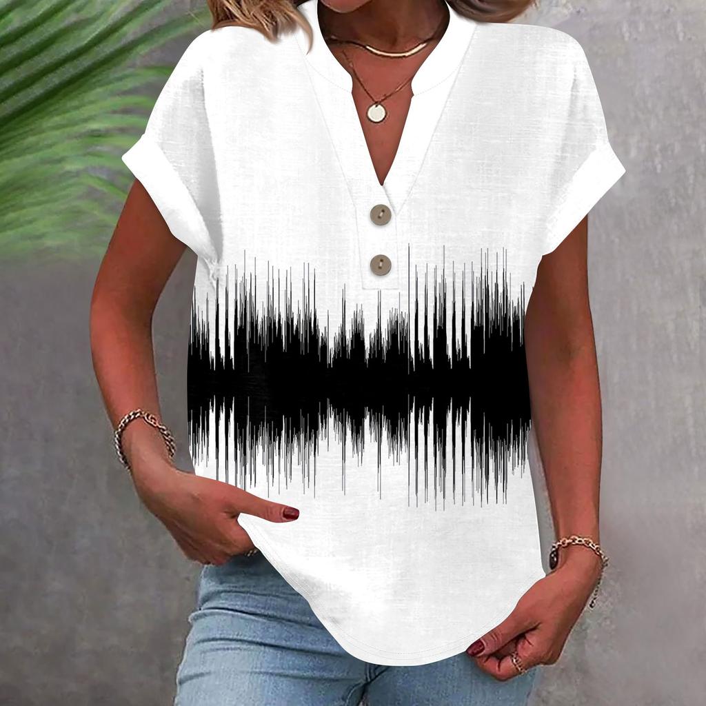 Dámská móda Ležérní Tričko s potištěným výstřihem do V, krátkým rukávem, knoflíkem dolů Tričko Top