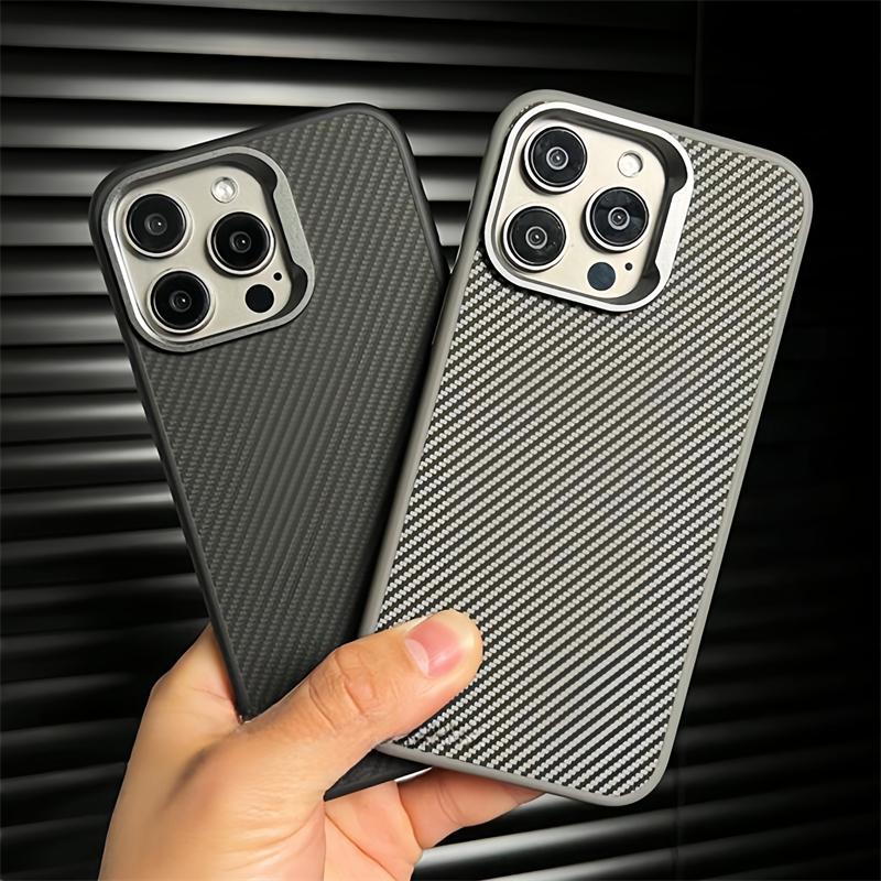 Luxury Carbon Fiber Pattern Matte Phone Case for iPhone 14 12 13 15 Pro Max Cases Kevlar Texture Metal Lens Protector Soft Cover