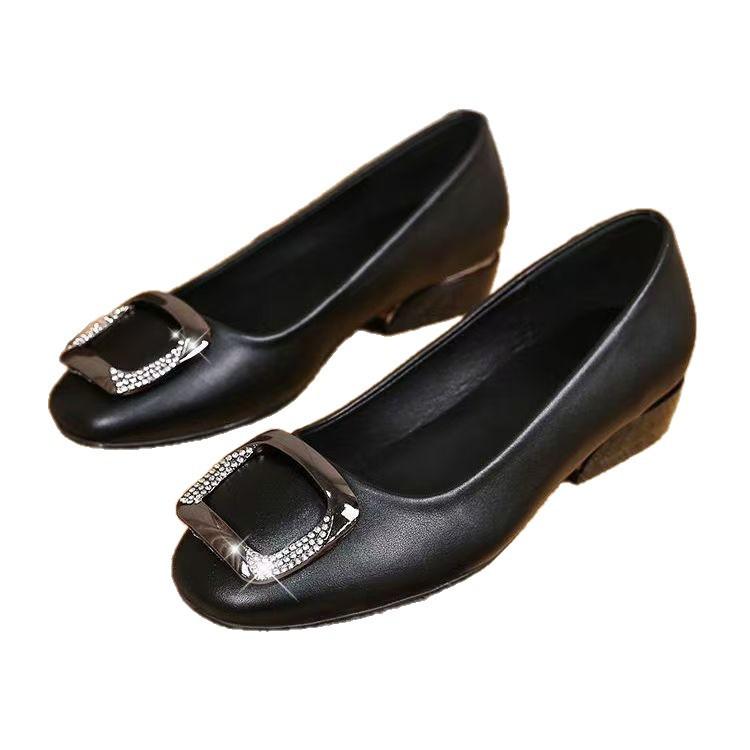 Shallow Thick Heel Single Shoes Women's Summer New Comfortable Leather Round Head Leather Shoes Soft Sole Soft Leather Middle Heel Women's Shoes