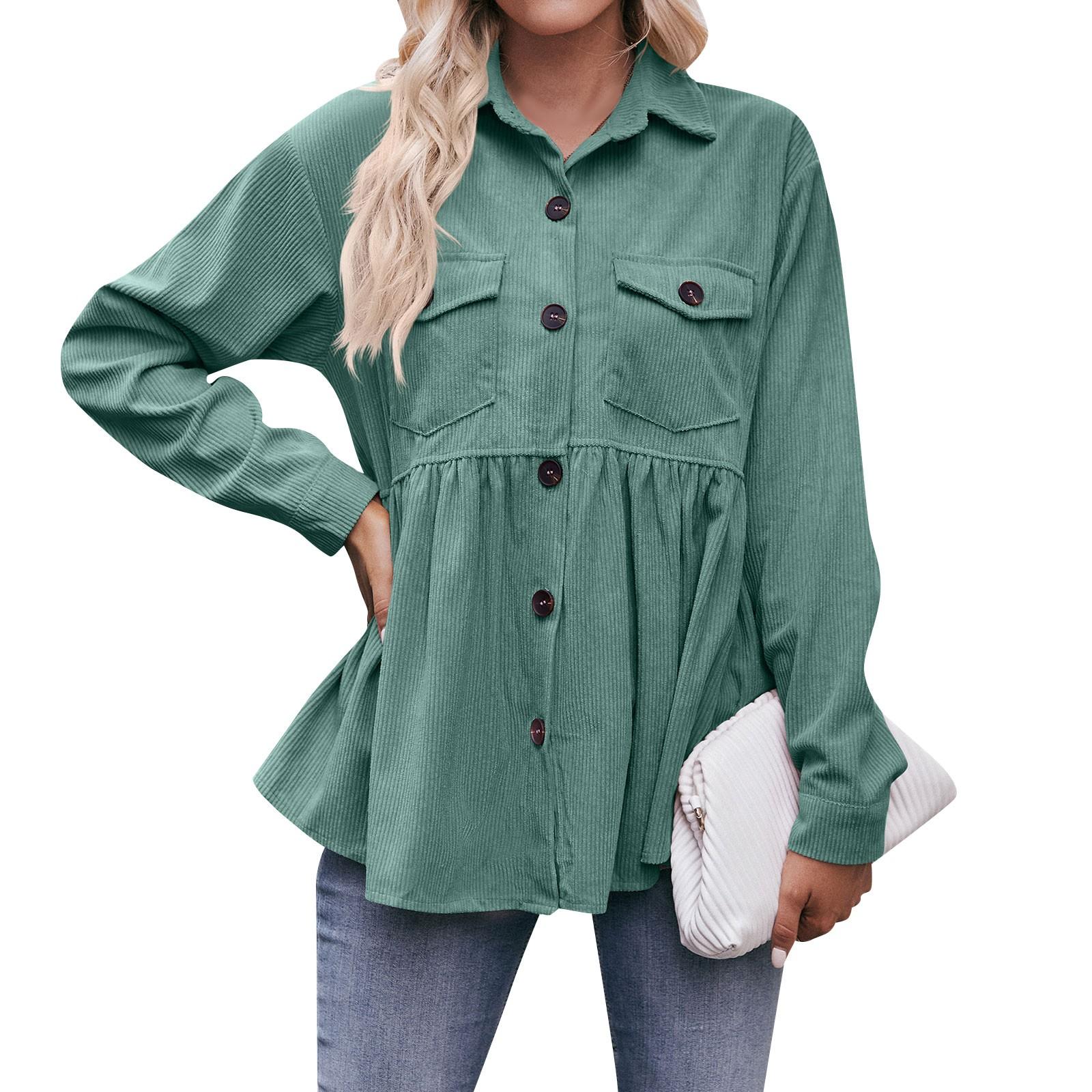 

Women s Casual Long Sleeve Stand Collar Corduroy Color Top Shirt S зелений