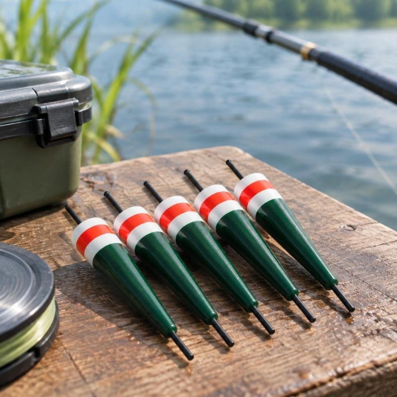 Fishing Bobbers for Nearshore Rock Angling and Coastal Casting, 5-Piece Molded Set with Tapered Shapes and Central Shafts