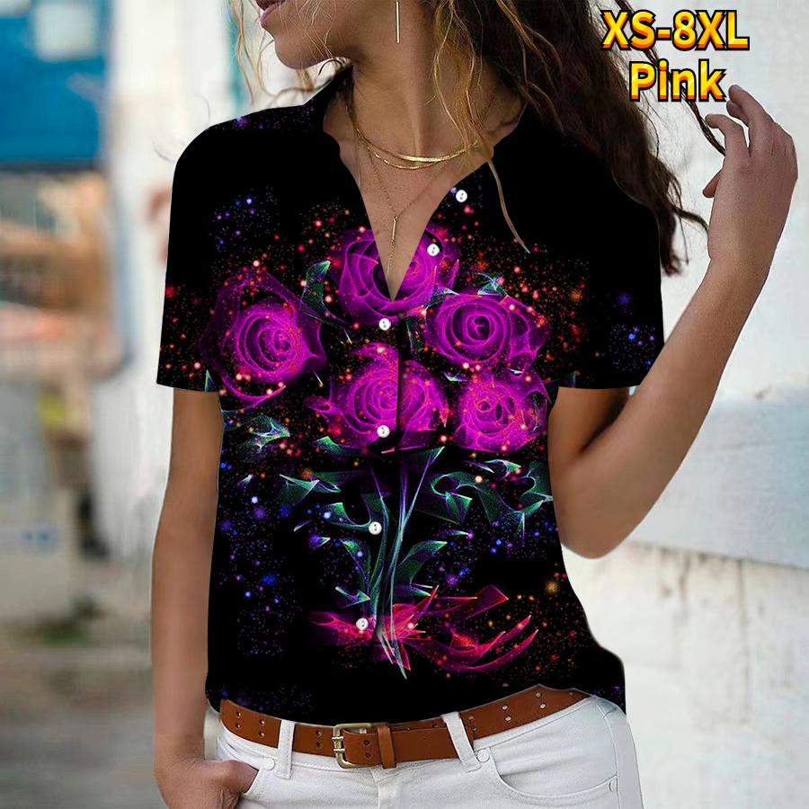 

2025 Лето Новая Мода Женская Рубашка Топ с Коротким Рукавом, V-образным Вырезом, Повседневная, на Пуговицах, с Принтом Роз 8XL розовый