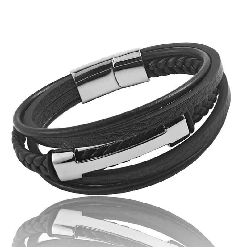 Charm Black Leather Multi-layer Rope Woven Men's Bracelet Stainless Steel I-shaped Magnetic Buckle Men's Jewelry Gift Bracelet
