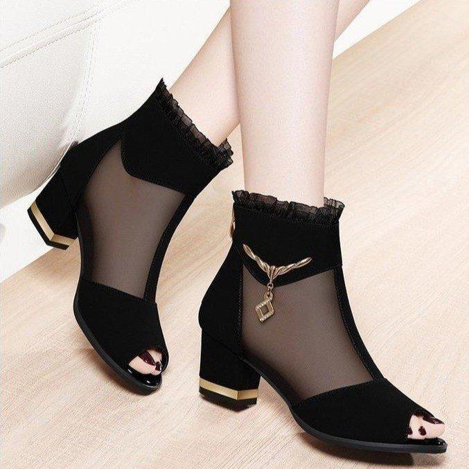 Hollow High Heels Thick Heel Versatile 2025 Spring and Summer New Women's Shoes Mesh Cool Boots High Heel Outer Wear Medium Heel Women's Sandals