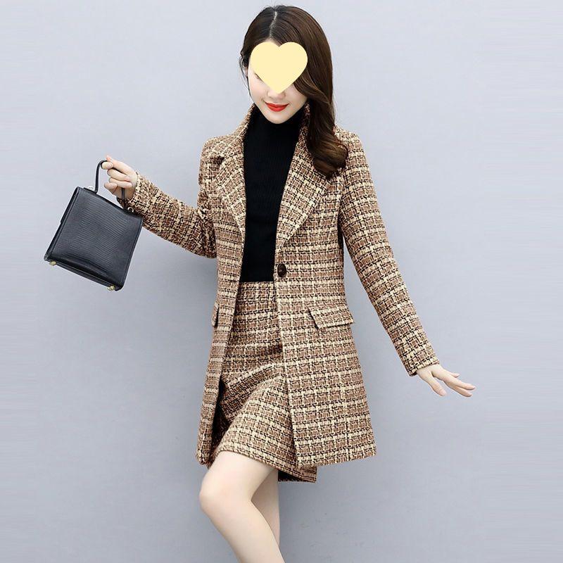 Koreanischer Stil Damen Wollmantel & Kleid Set: Herbst/Winter Karierter Zweiteiler Mode 2025