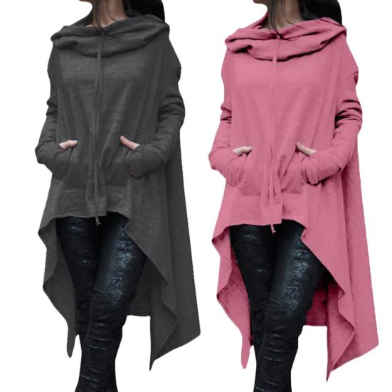 Women Solid Color Asymmetric Hem Drawstring Hooded Sweatshirt Loose Poncho Coat