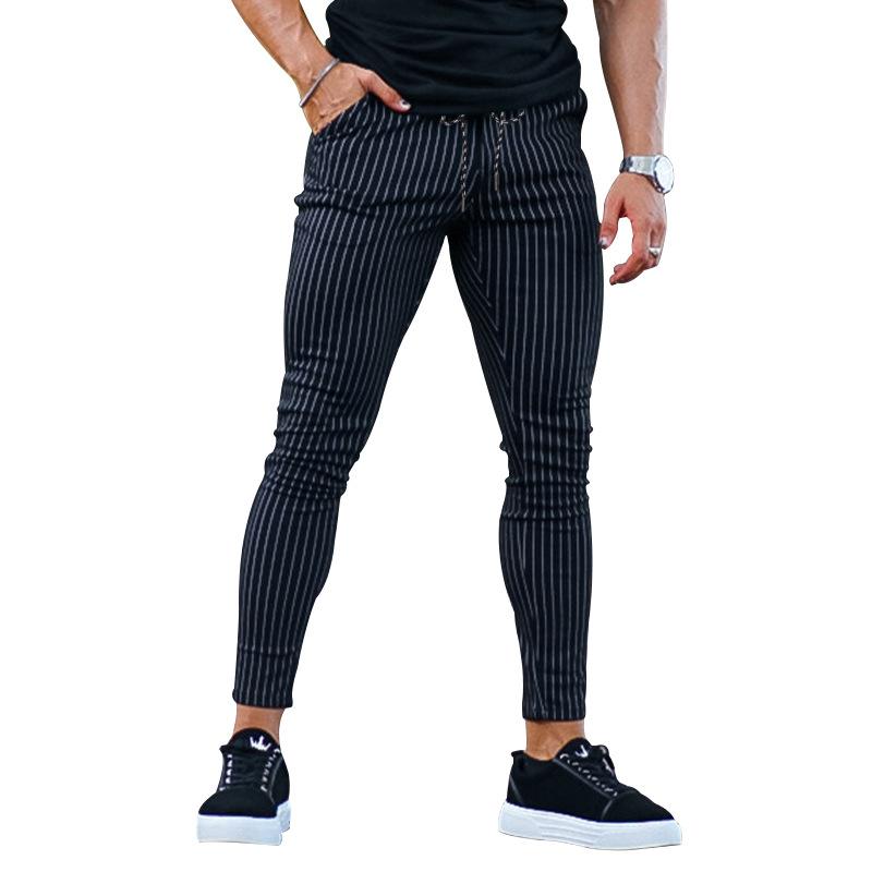 Pantalones Otoño Hombre Casual Cordones Piernas Slim Rayados Pantalones Casuales Hombre