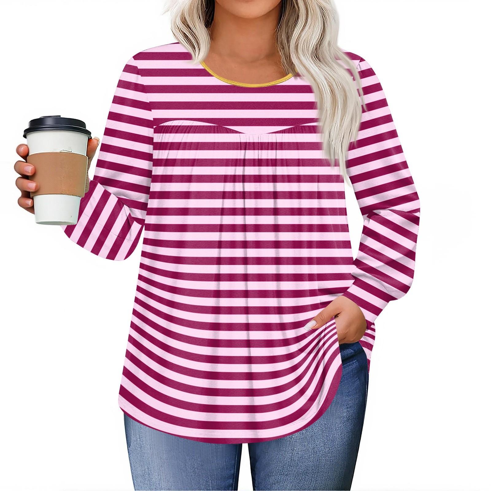 

Womens Plus Size Tops Long Sleeve Shirts Round Neck Flowy Tunic Casual Loose Blouse L-5 XXXXL