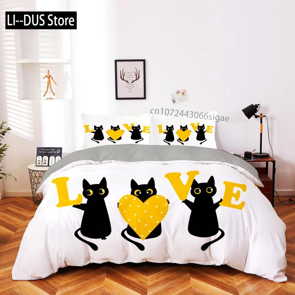 Set Copripiumino Gatto Cartone Animato Microfibra Gattino Nero Cuore Giallo Set Biancheria da Letto 2/3 Pezzi Matrimoniale King Size Copripiumino