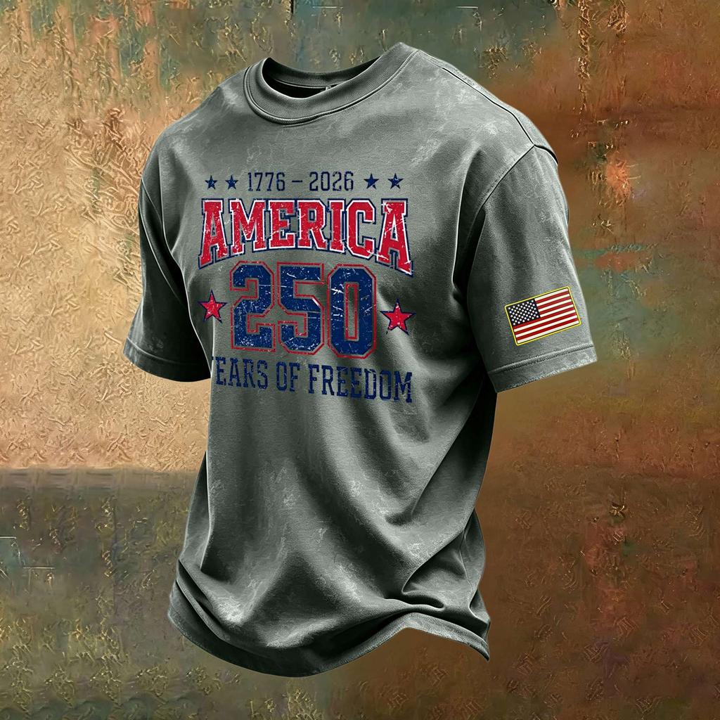 Men's Vintage Washed Crew Neck Short Sleeve T Shirt America 250 Years of Freedom Independence Day Graphic Tee Casual Fit