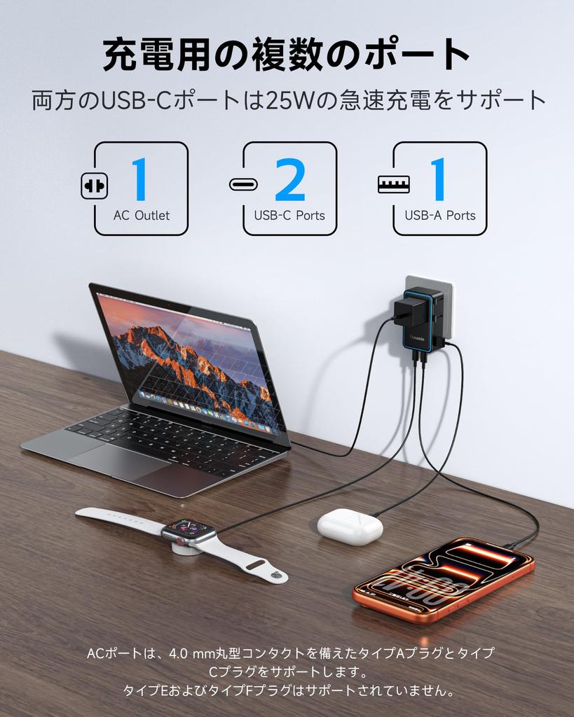 Ounamio 2026 Slim and Lightweight International Adapter with 4 Ports, ACUSB-AUSB-C, 25W PD Power & Smart Temperature Control, Compatible with Over