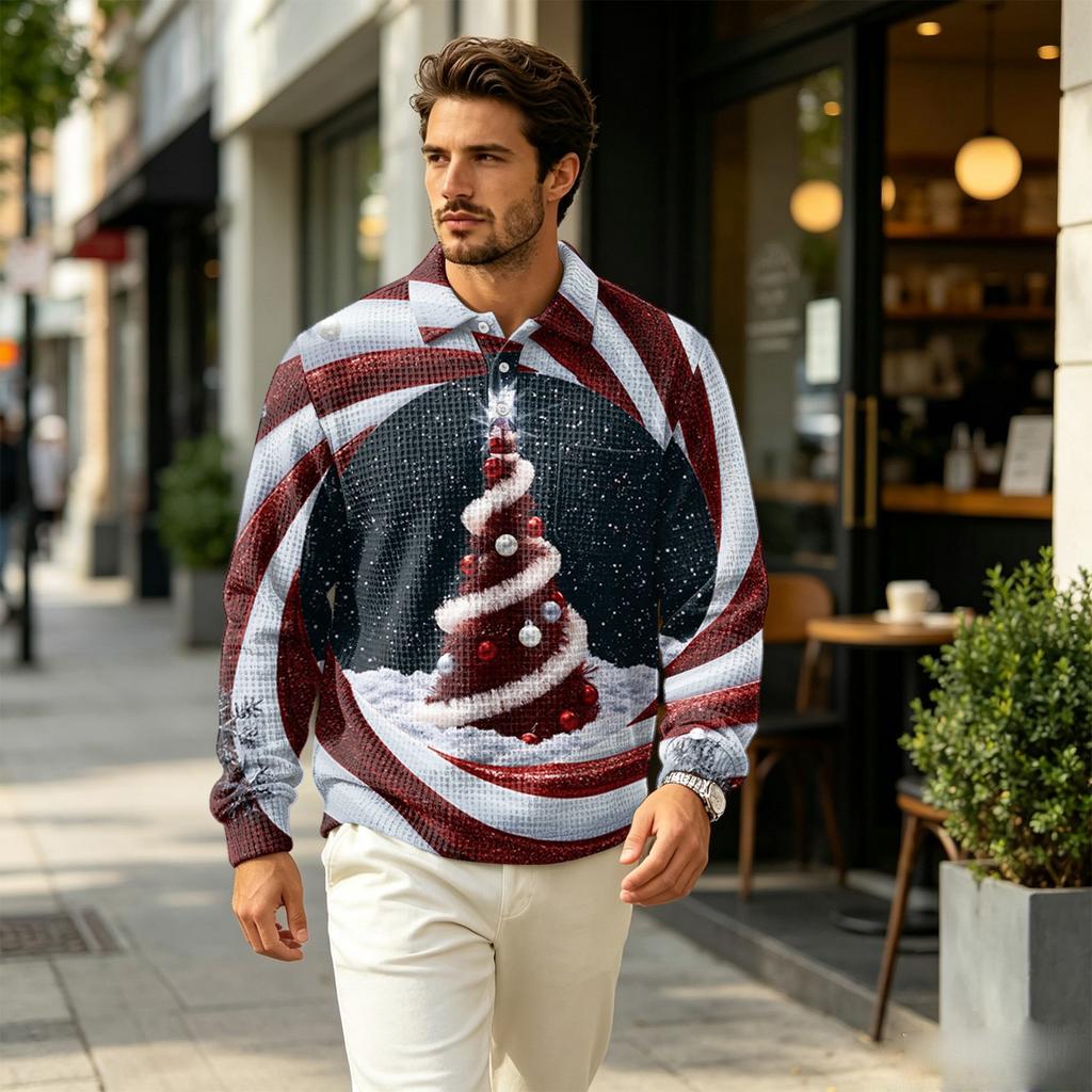 Men's Fall Casual Outdoor Pullover, Long Sleeve Collared Top with Pocket and Christmas Print