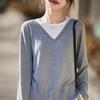 Color-Block V-Neck Knit Top for Women - Stylish Two-Piece Design for Spring and Autumn