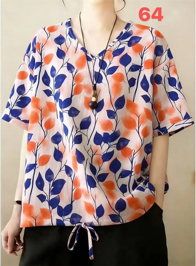 Summer Printed Short-sleeved T-shirt V-neck Cotton and Linen Loose Large-size Women's Top T-shirt Cotton and Linen Shirt